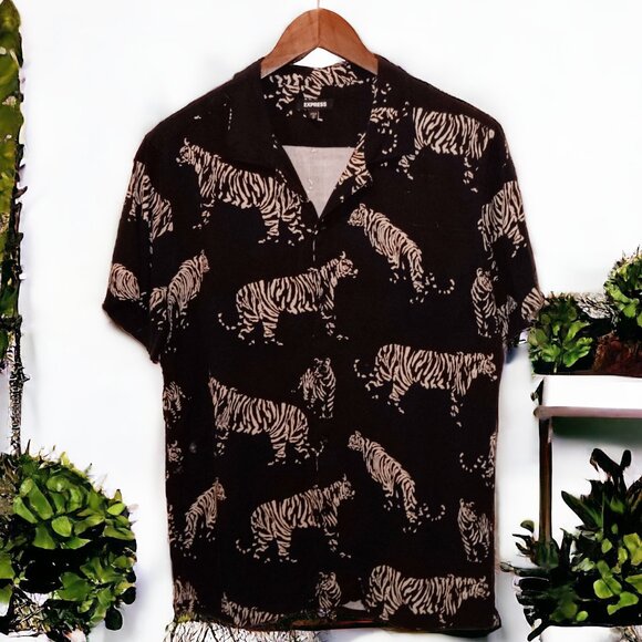 Express Other - Express ★ Men's Rayon Short Sleeve Button-Up ★ Indonesian Summer Tiger Print